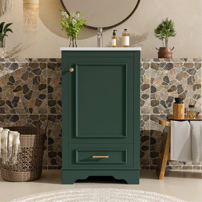 Meuble-lavabo de 50 cm avec lavabo en céramique, un tiroir, meuble-lavabo simple sur pied avec porte à fermeture douce, étagère réglable, style moderne, vert