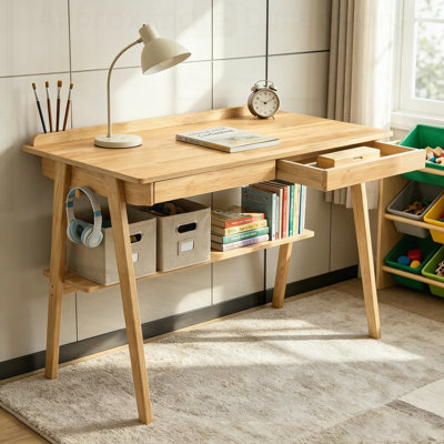 Solid Wood Writing Desk, Home Office Desk for Small Spaces, Mid Century Modern Desks with 2 Drawers & Storage Shelf, Standing Desk with Side Hooks for Study, Bedroom, Office