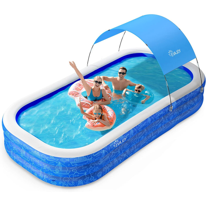Large Inflatable Swimming Pool With Canopy, Full-Sized Inflatable Pool For Kids & Adults, Kiddie Pool With Sun Shade, Blow Up Pool For Backyard, Garden, Age 3+, Blue