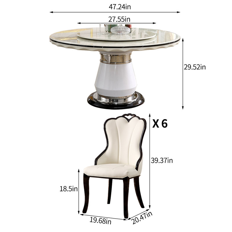 Simple White Faux Marble Round Dining Table Set, 7