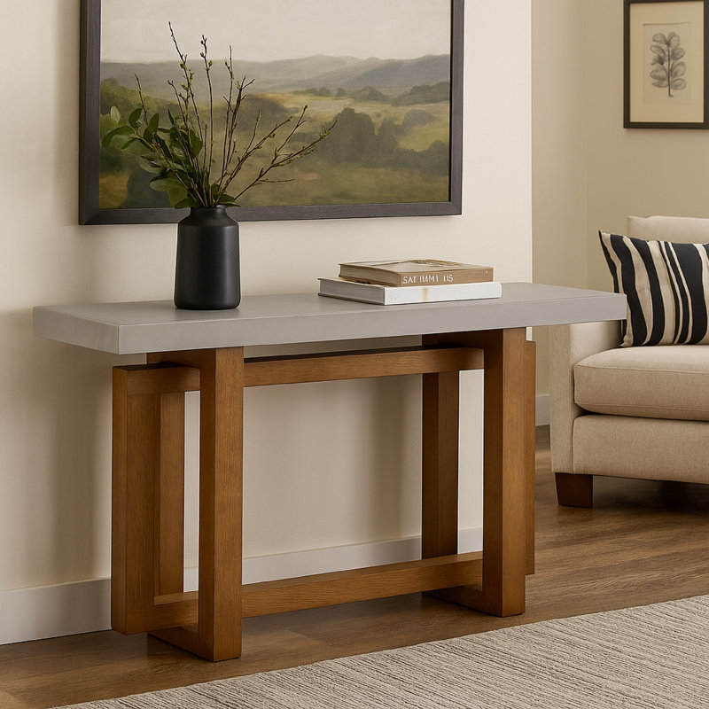 Table de canapé Joshua avec base en croix, faux béton, bois brun 47 po