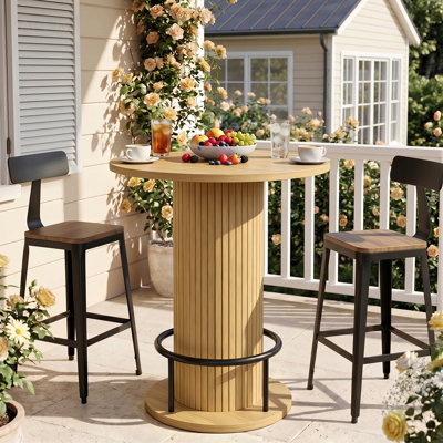Table de bar ronde de 80 cm de hauteur, table de bar sur pied en bois avec repose-pieds en anneau métallique pour bar, cuisine et salle à manger.