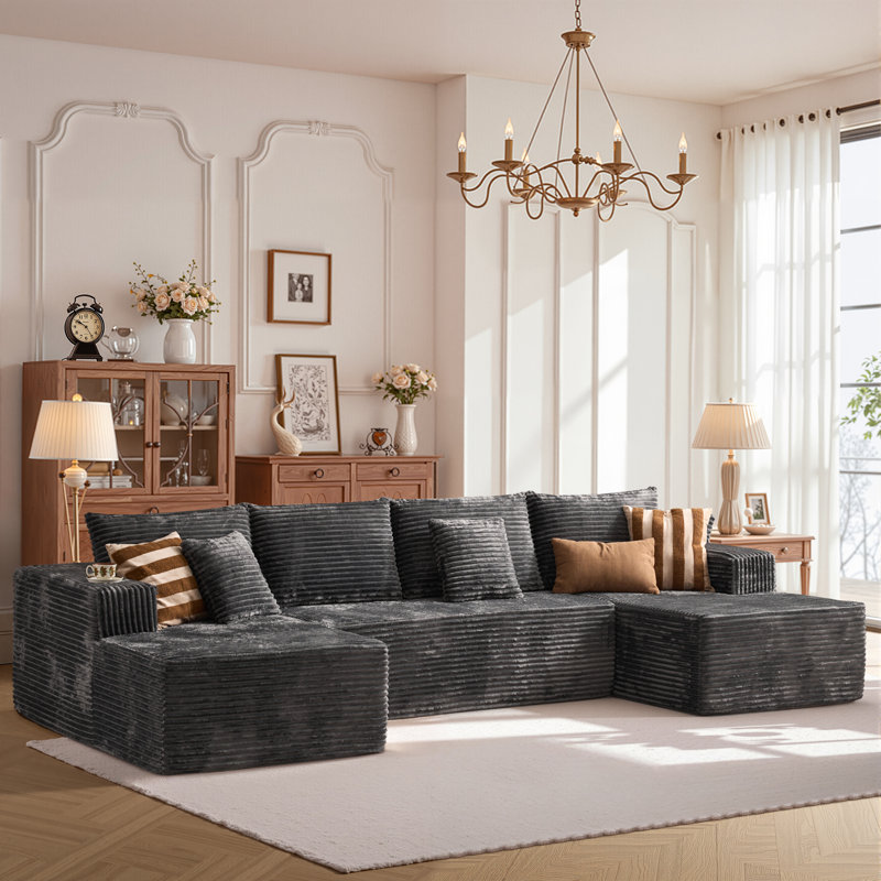 Compression Packed 3-piece Cloud Modular Sectional Sofa In Corduroy – No Assembly Required, Gray Polyester/Corduroy