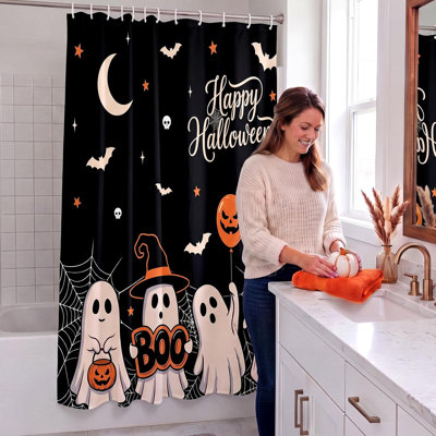 Boo Halloween Shower Curtain for Bathroom, Bath Decoration, 72" x 71" Boo Ghost Shower Curtain, Bat Curtain with 12 Hooks, Waterproof Shower Accessories, Halloween Decor Supplies