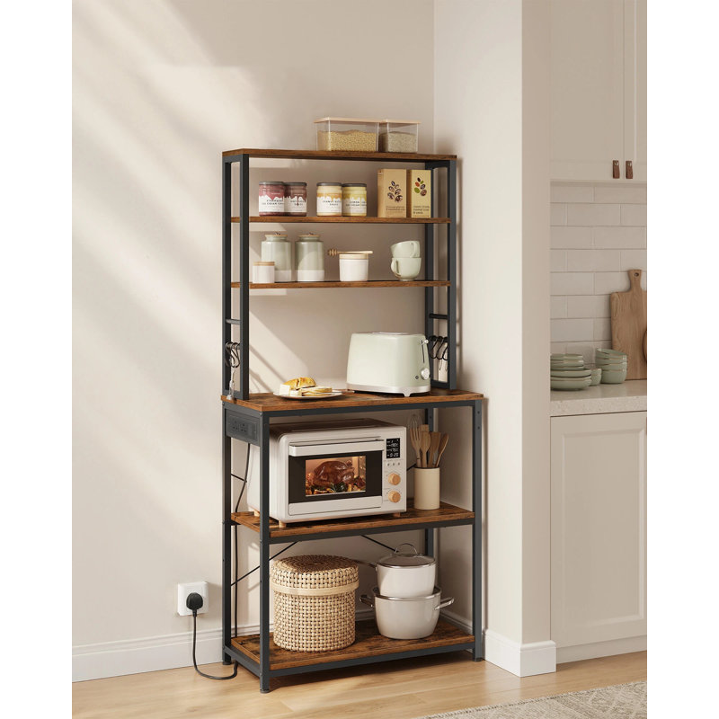 Baker's Rack With Power Outlet, Coffee Bar For Kitchen With Storage, 6-Tier Kitchen Shelves With 6 Hooks, Microwave Stand, 40 X 60 X 167 Cm, Golden Oak And Cloud White