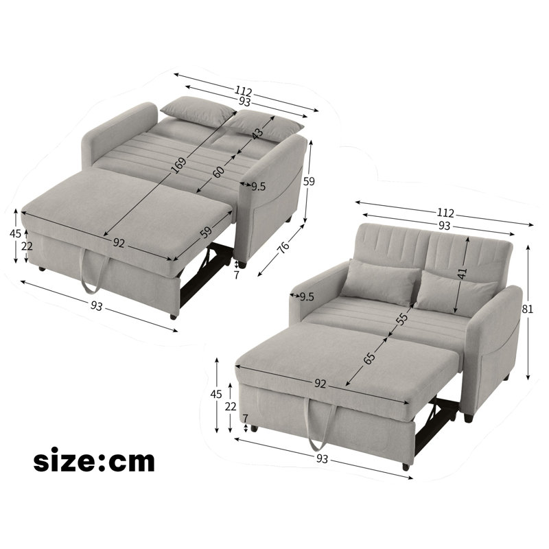 2 Seater Linen Sofa Bed, Light Grey Linen