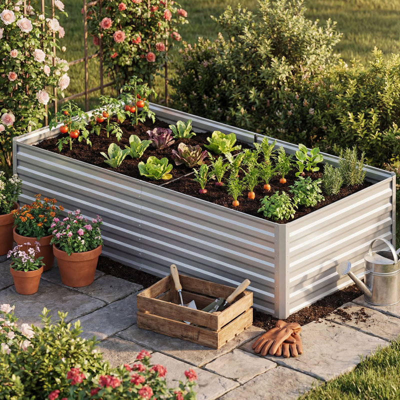 Galvanized Raised Garden Bed With Gloves, 24" H x 72" W x 36" D, Silver