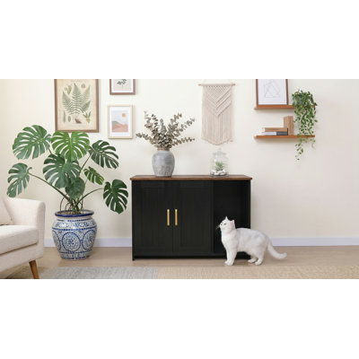 Hidden Wooden Cat Litter Box Furniture with Scratching Mat, Indoor Washroom, 31.5Lx19.7Wx21.7H Inches, Black & Rustic Brown