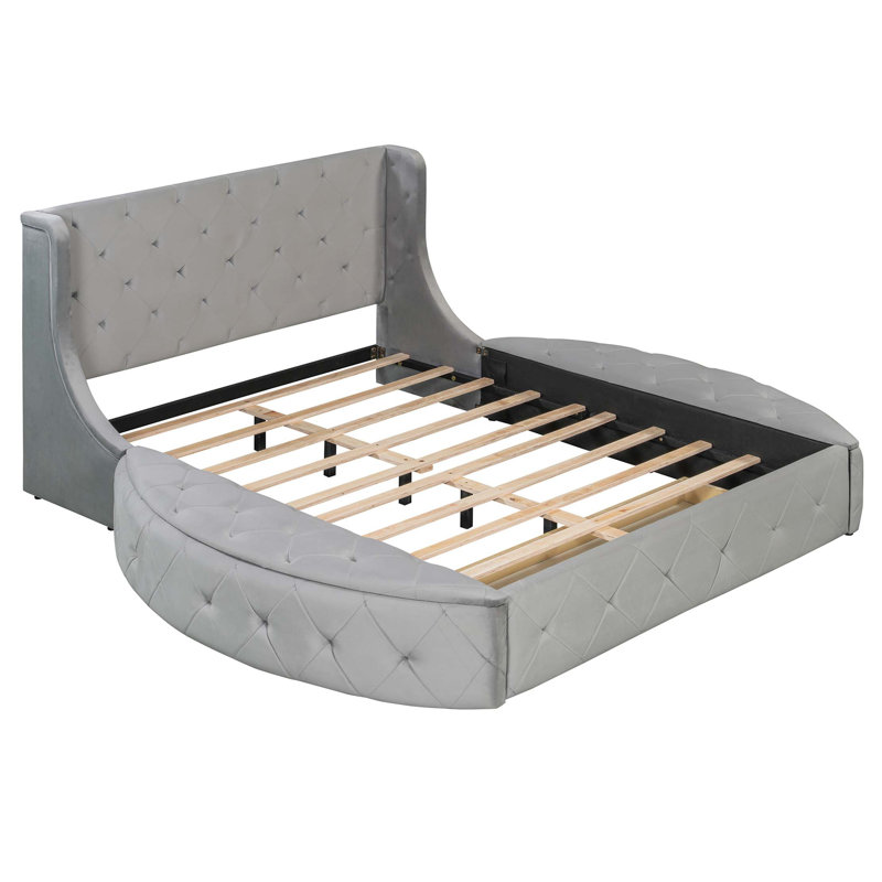 Lit plateforme tapissier en velours avec tête de lit à oreilles et 1 grand tiroir, 2 tabourets de rangement latéraux, Gris