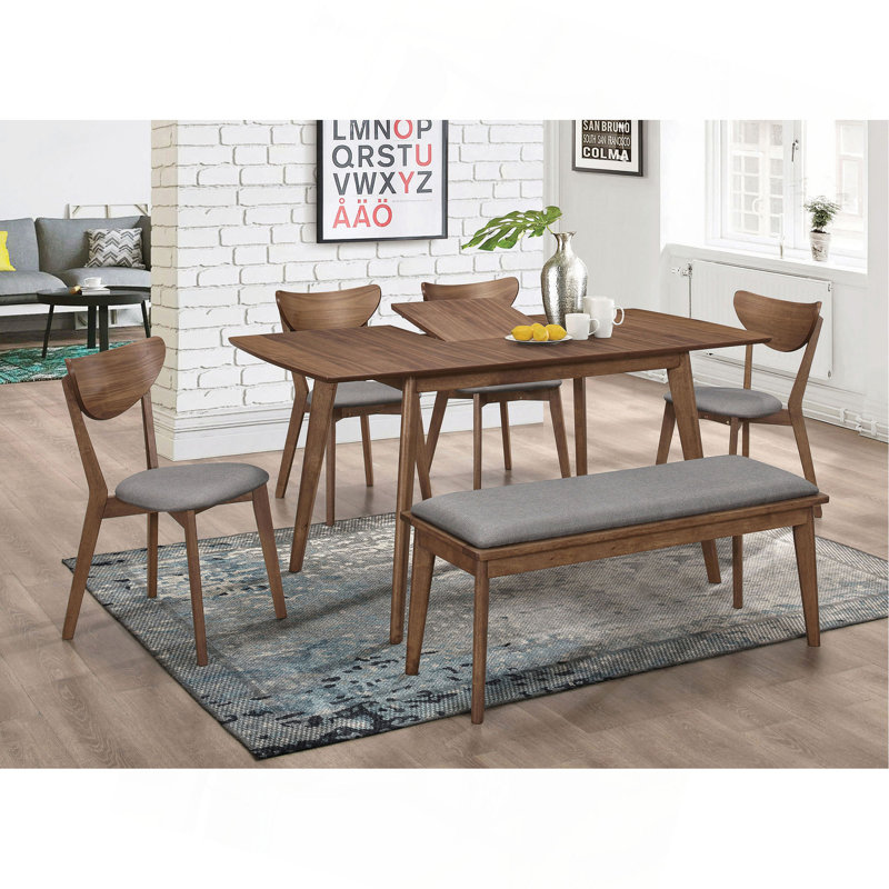 Grey And Natural Walnut Dining Set, 6 Pieces: Table, Bench, 4 Chairs