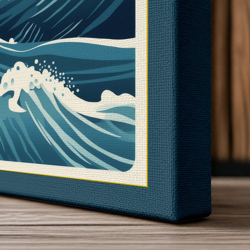 Ocean Waves Japandi - Wrapped Canvas, 30x20 - 76.2 x 50.8 cm, Teal Border