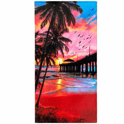 Sunset Palms 100% Cotton Beach Towel - 30x60 Inch, Sunrise Pier Design