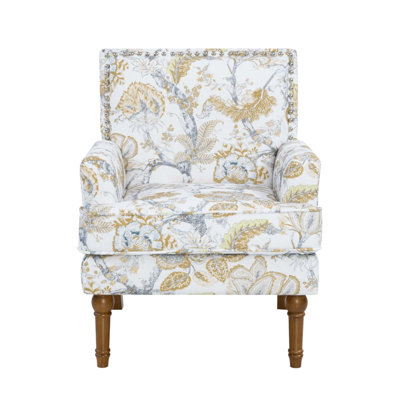 Chic Floral Armchair with Nailhead Trim, Gold and Grey Print, Solid Wood Legs, Ideal for Farmhouse and Transitional Decor