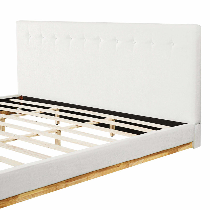 Lit plateforme très grand en bois d'hévéa massif avec tête de lit tapissier capitonnée, support de lattes robuste, silencieux, assemblage facile, blanc