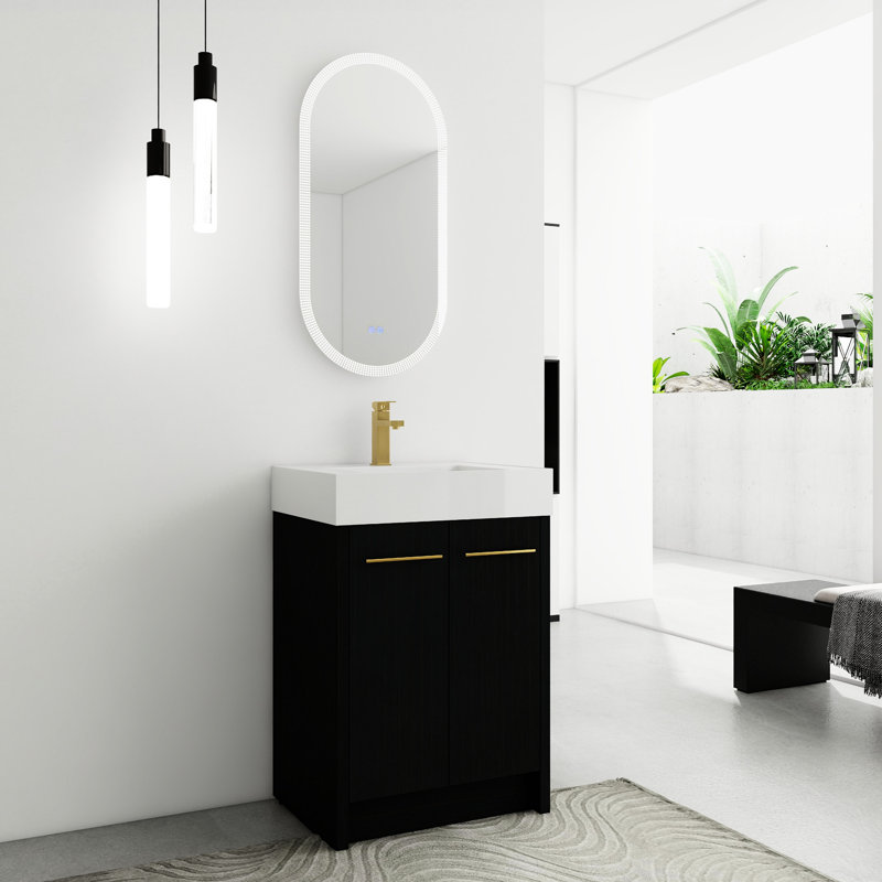 Armoire de salle de bain avec lavabo en résine et porte à fermeture en douceur, 24 po, châtaignier noir, style moderne, évier de rangement spacieux, conception, fabrication