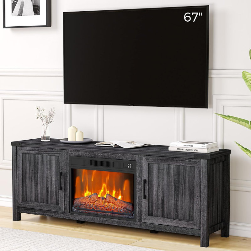 Meuble télé 67 po avec foyer électrique encastrable 23 po, console média DEL avec portes de grange et rangement