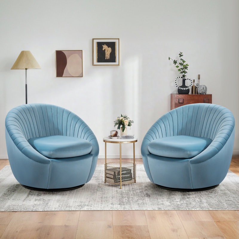 Fauteuil d'appoint pivotant en velours moderne avec siège large, fauteuil rembourré avec base pivotante en métal, coussin de siège épais pour le salon, la chambre à coucher, le coin lecture, bleu clair