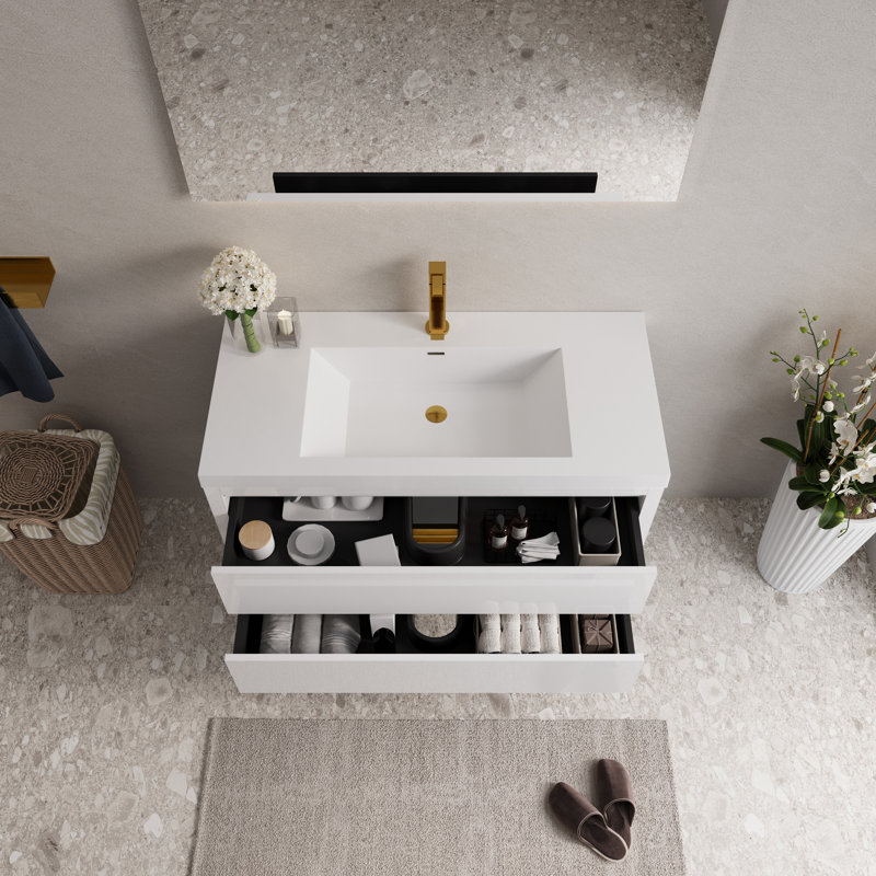 Meuble-lavabo mural de 42 po avec comptoir et lavabo en pierre reconstituée, armoire blanche lustrée, 2 tiroirs, Blanc lustré