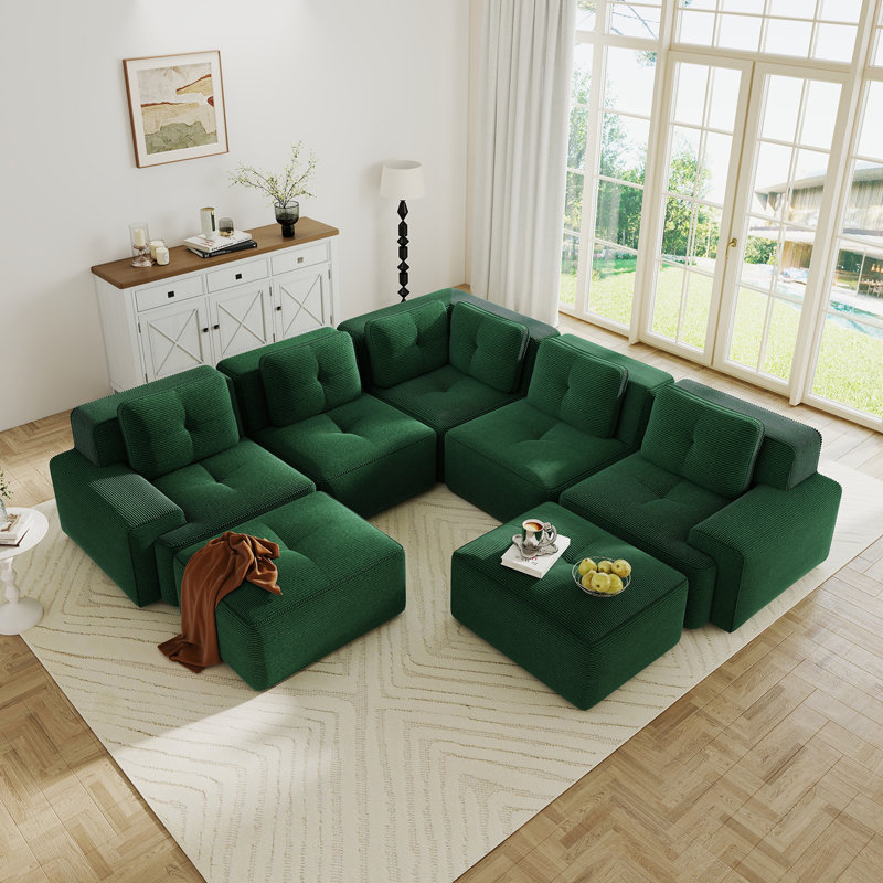 Canapé modulaire modulaire à 5 places, canapé d'angle en forme de V, tissu en velours côtelé, 2 repose-pieds mobiles, siège profond pour le salon, passepoil perlé, conception capitonnée, sans assemblage, conception antidérapante, vert
