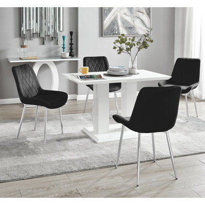 Edzard Double Pedestal High Gloss Dining Table Set with 4 Luxury Velvet Dining Chairs