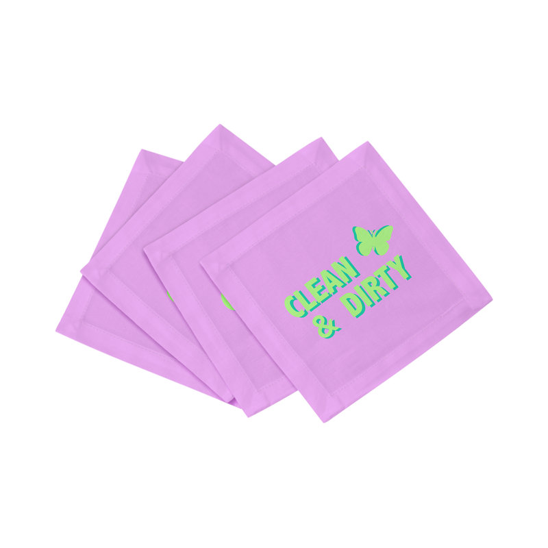 Canasta Clean And Dirty Cotton Sateen Cocktail Napkins, Lime Lilac