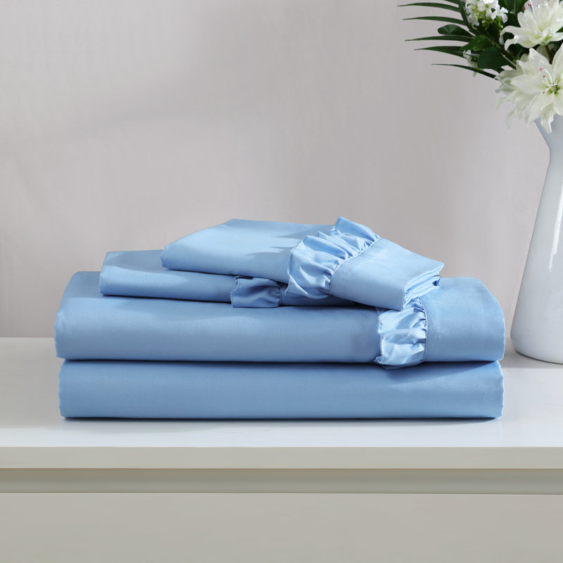 Ensemble de draps en microfibre à ourlet à volants ultra doux, Ensemble de draps pour lit simple + 1 taie d'oreil, Bleu