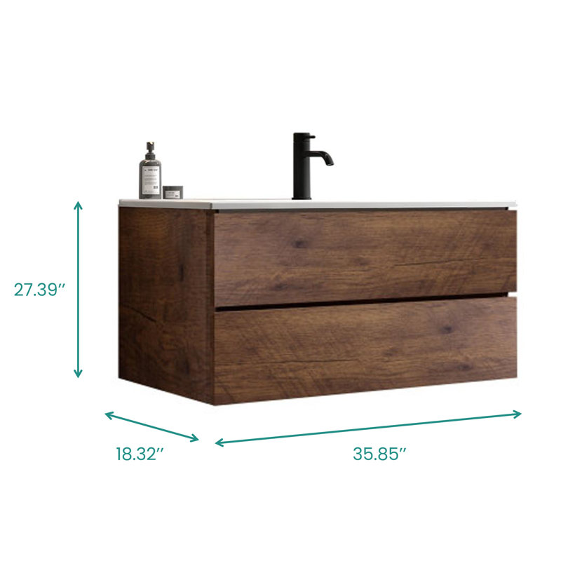 Meuble-lavabo mural blanc brillant avec lavabo en céramique et trou unique, Noyer, 36"