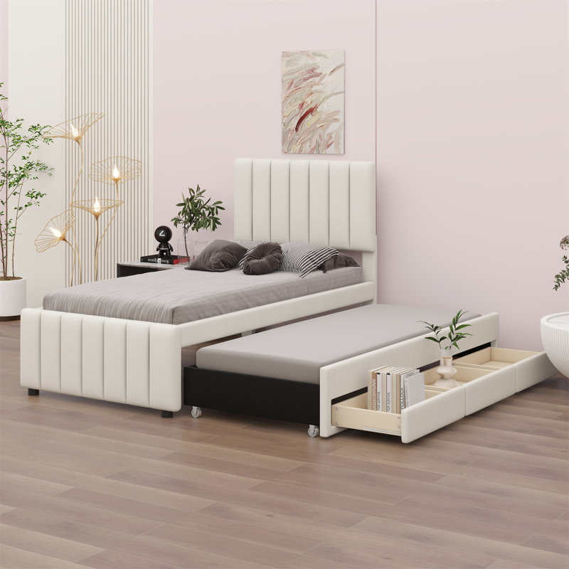 Lit plateforme tapissier avec lit gigogne et 3 tiroirs, Beige