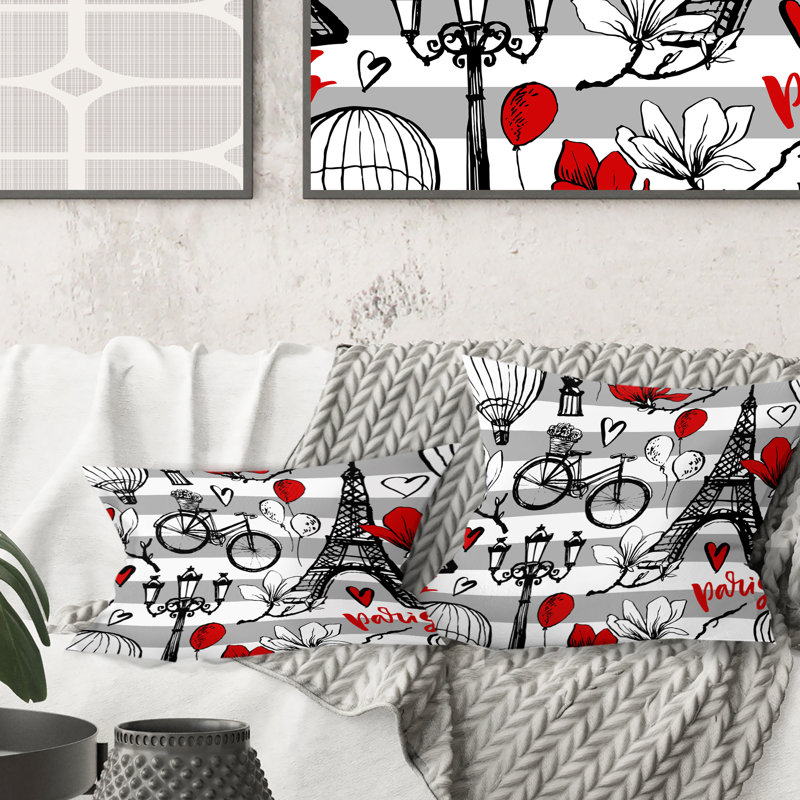 Coussin Paris Eiffel Red Hearts II - Mid-Century, 16 po x 1 po
