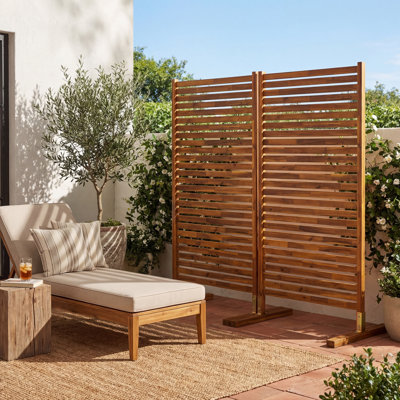 Solana 36" x 74" Modern Solid Acacia Wood Slat Outdoor Privacy Screen, Freestanding Single Panel Patio Room Divider, Natural Finish