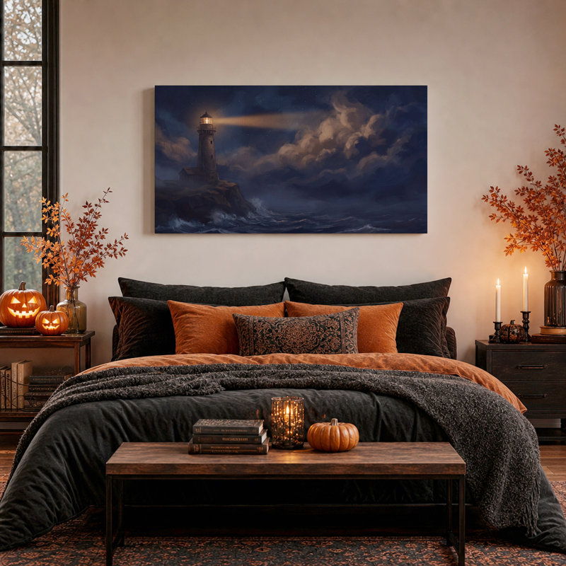 Art sur toile, "Phare sur une côte rocheuse avec faisceau lumineux", 32“W x 16”H