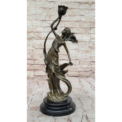 Sculpture bougeoir Art Nouveau Bronze - Femme élégante avec une robe fluide sur base de marbre