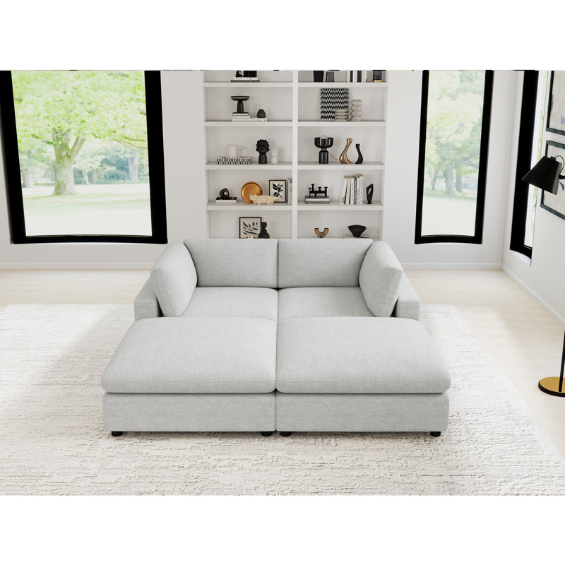 Canapé-lit modulaire en chenille 4 pièces 77,2 po avec 2 repose-pieds, Crème