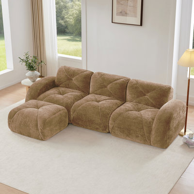 L-Shaped Soft Velvet Fabric,Boneless Sofa,Tufted Design,Ergonomic Design Bottom,32D High Density Sponge,No Assembly Required Bottom,Anti-Slip Design,Movable Ottoman For Living Room,Camel