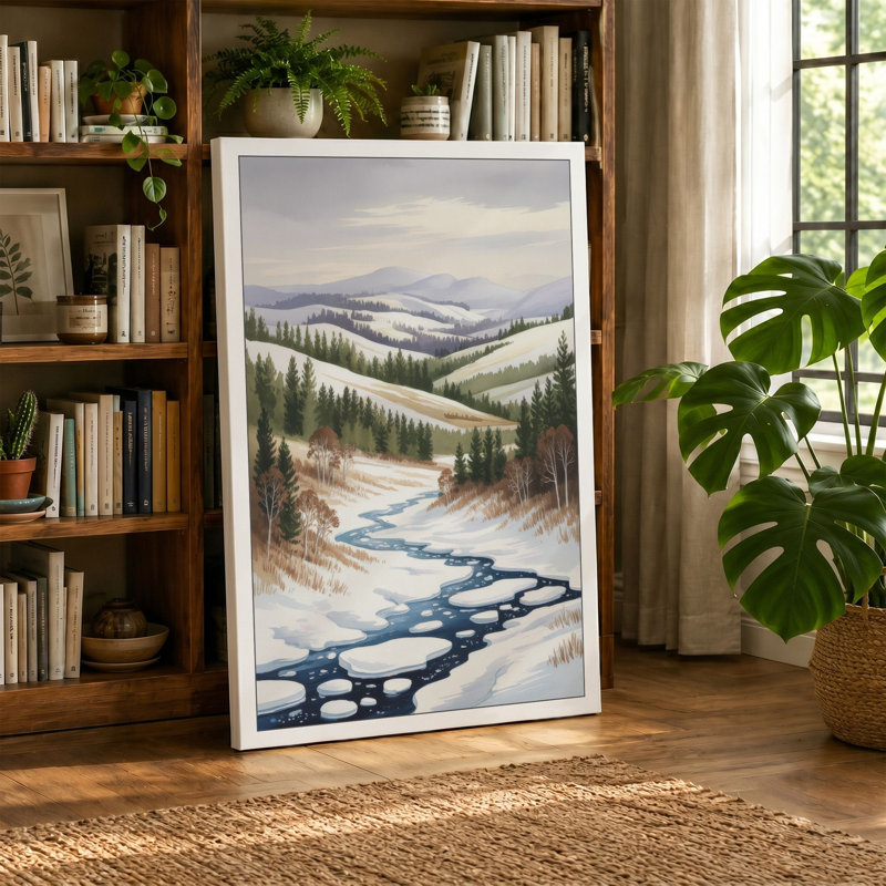 Winter Stream Through Snow Scandinavian - Wrapped Canvas, 18x12 - 45.7 x 30.5 cm, Teal Border