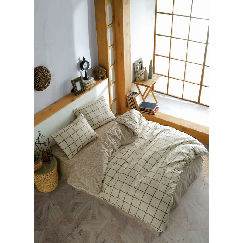 Ensemble de housse de couette Luxury Ranforce, couleur crème | 100% coton, 102,4 po x 86,6 po | Comprend 2 taies d'oreiller (19,7 po x 31,5 po) | Lavable à la machine, impression de pigments, fermeture à boutons élégante
