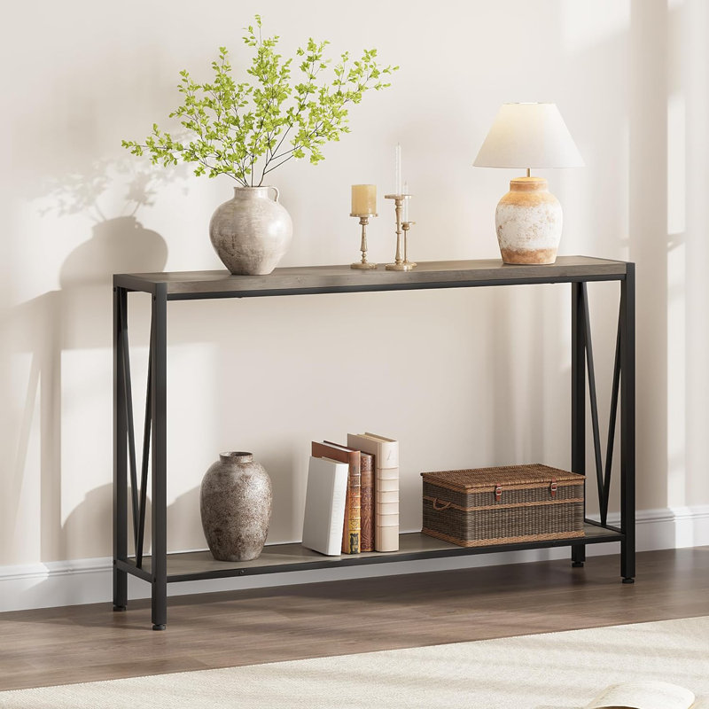 Console Table, Entryway Table With Storage, Industrial Sofa Table With V Design, 2-Tier Narrow Console Table, Gray