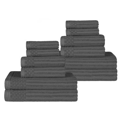 12-Piece Solid Highly Absorbent  and Checkered Border Cotton Towel Set