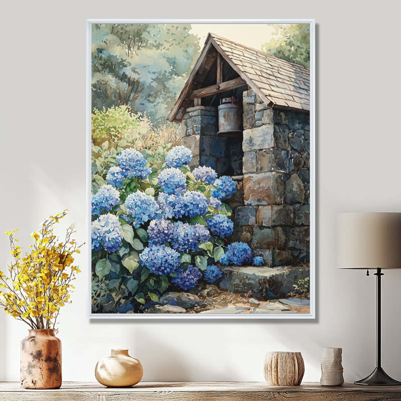 «Hydrangeas By The Farm Well II - Hydrangea», art mural, Reproduction avec cadre flottant, H 32 po x l 16 po, Blanc