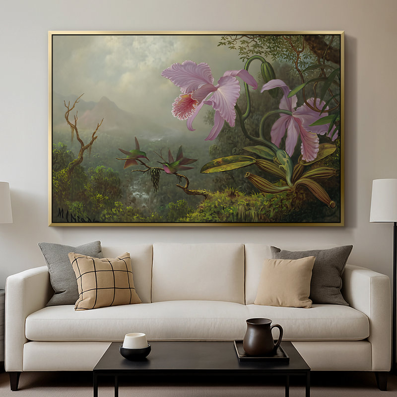 Deux colibris anges du soleil sur une branche, v. 1890-1904 - Martin Johnson Heade, toile tendue avec châssis, 26 x 40, Doré