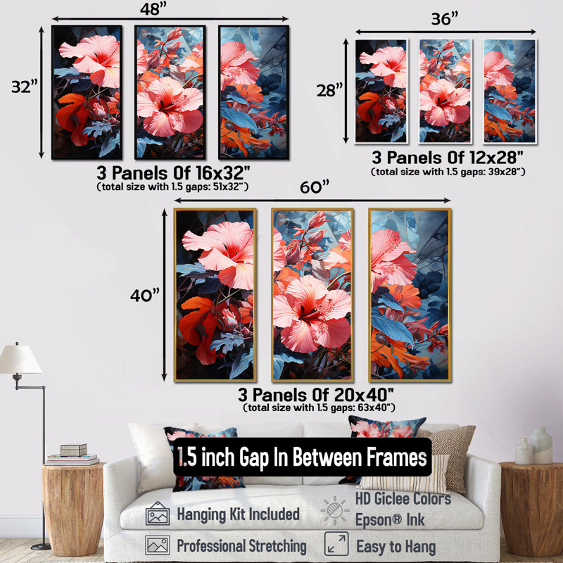 Hibiscus rose et bleu, ensemble moderne d'art sur toile Hibiscus, Cadre flottant blanc, H 28 po x l 36 po x P 1 po
