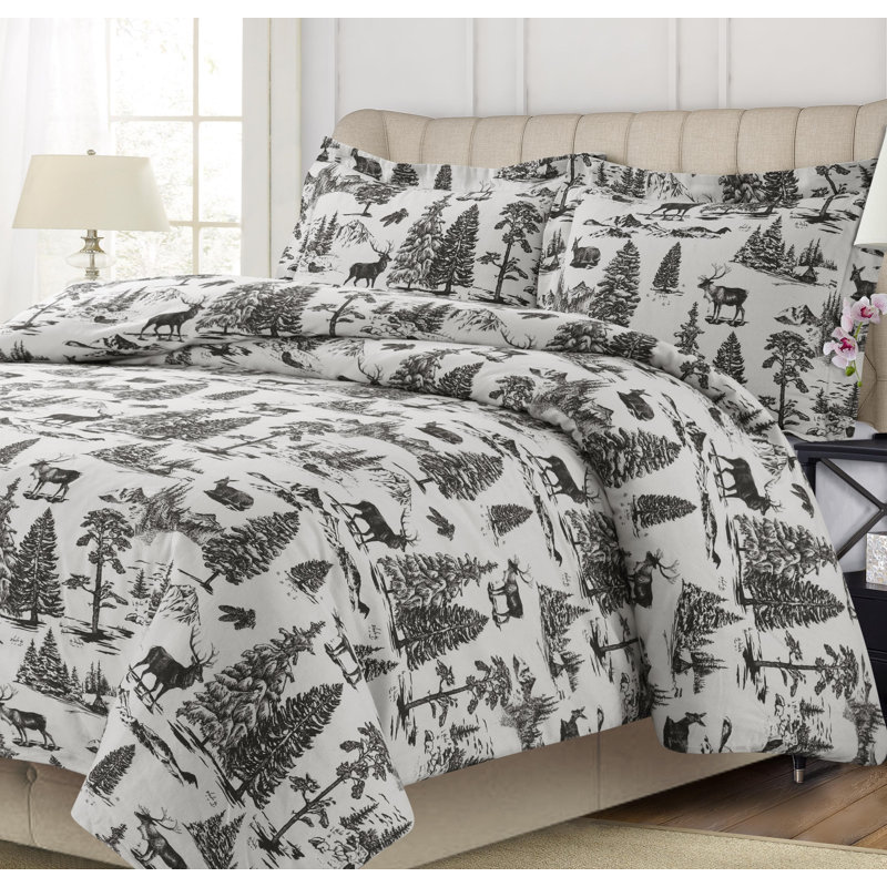 Cabin / Lodge Flannel Toile Duvet Cover, Charcoal, Queen Duvet Cover + 2 Shams