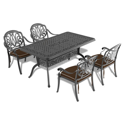 5 Cast Aluminum Patio Dining Furniture - Black, Rust-, Comfortable Seating, Stackable Chairs, Rectangular Table For Outdoor With Cushions Rustproof, Ergonomic Design, Seats 4,