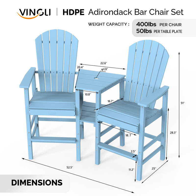 2-Piece Outdoor Adirondack Chairs With Removable Trays, Blue