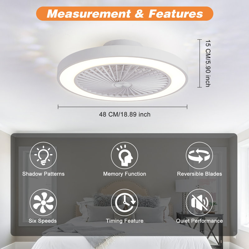 Lamond 19" Flush Mount Ceiling Fan With Led Light And Remote Control Bladeless Ceiling Fan, White