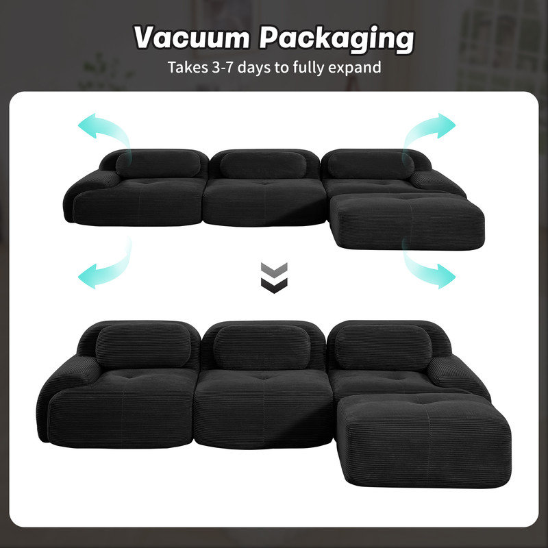 Modular Boneless L-Shaped Sectional Cloud Couch With Ottoman, Plush Corduroy, No Assembly Required, Big Comfy Couches Set With Fluffy Memory Foam