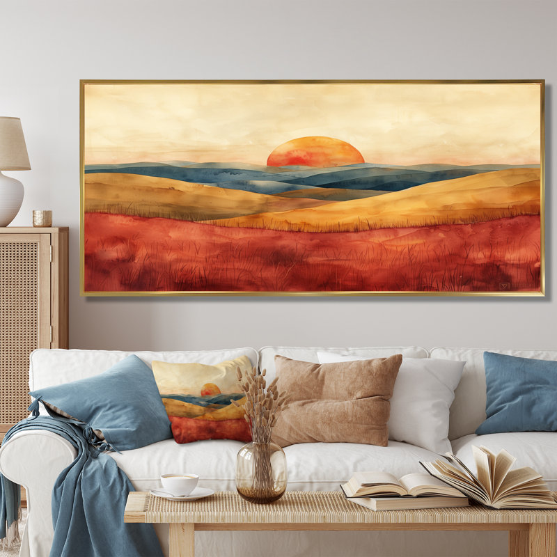 Décoration murale rouge et jaune montagne abstraite - campagne, Cadre doré flottant, bois massif, H 28 po x l 60 po