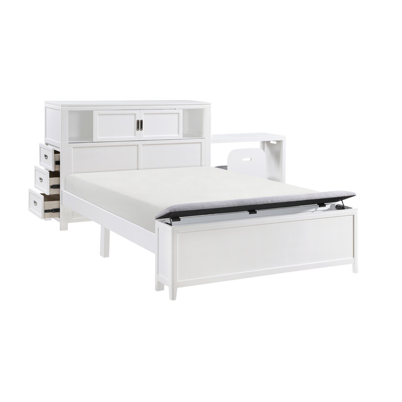 Lit plateforme double blanc avec tiroirs et tête de lit bibliothèque, Lit double, Blanc