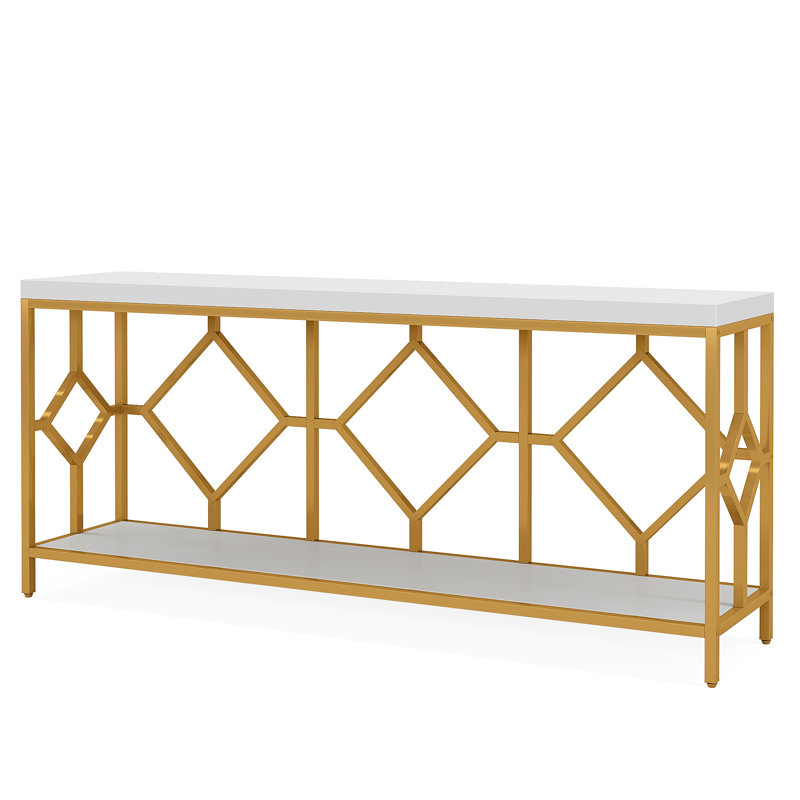 Très longue table d'appoint 70,86 po, console 2 niveaux, Blanc / Doré