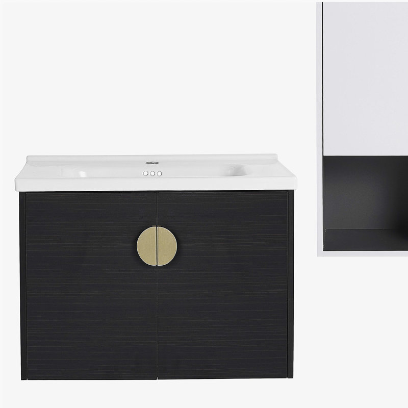 Lavabo de salle de bain mural avec cuve en céramique, armoire latérale, porte à fermeture en douceur et armoire combinée
